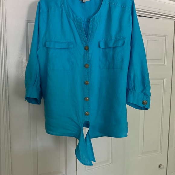John Mark linen turquoise top - Picture 2 of 6
